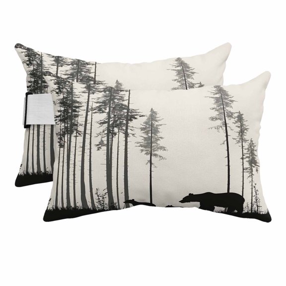 Abstract Outdoor Chaise Lounge Pillows Forest Walking Bear Family Pine Tree Silhouette Lumbar Pillows with Insert Adjustable Elastic Strap Headrest Pillow for Recliner Patio Chair 2 Pack 11x16 Inch