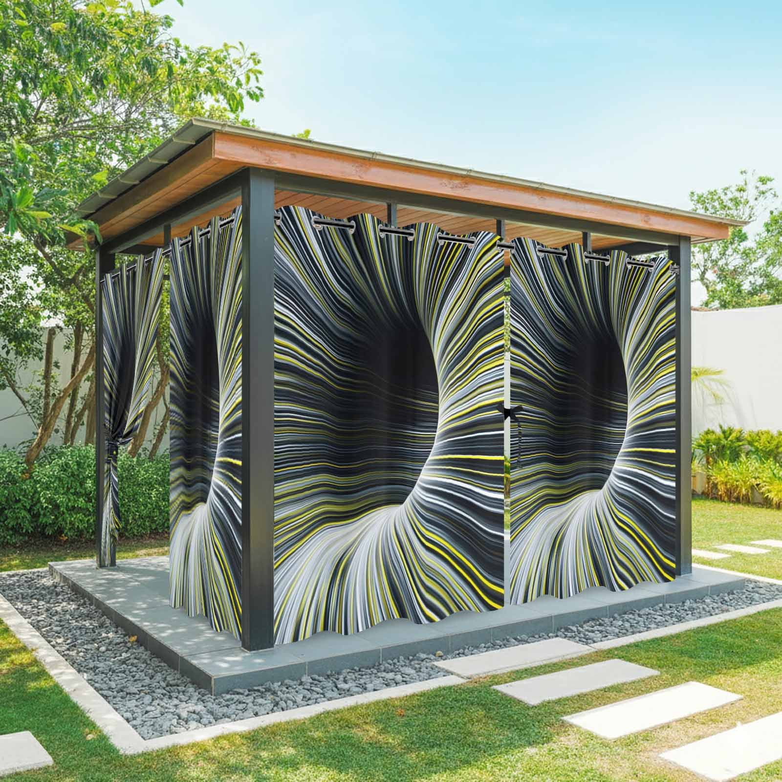 Abstract Outdoor Curtains for Patio, Lemon Yellow White Linear Warp Optical Tunnel Concentric Line Sunshade Privacy Drapes Grommet Waterproof Outside Curtains for Porch Balcony 54"x108", 1 Panel