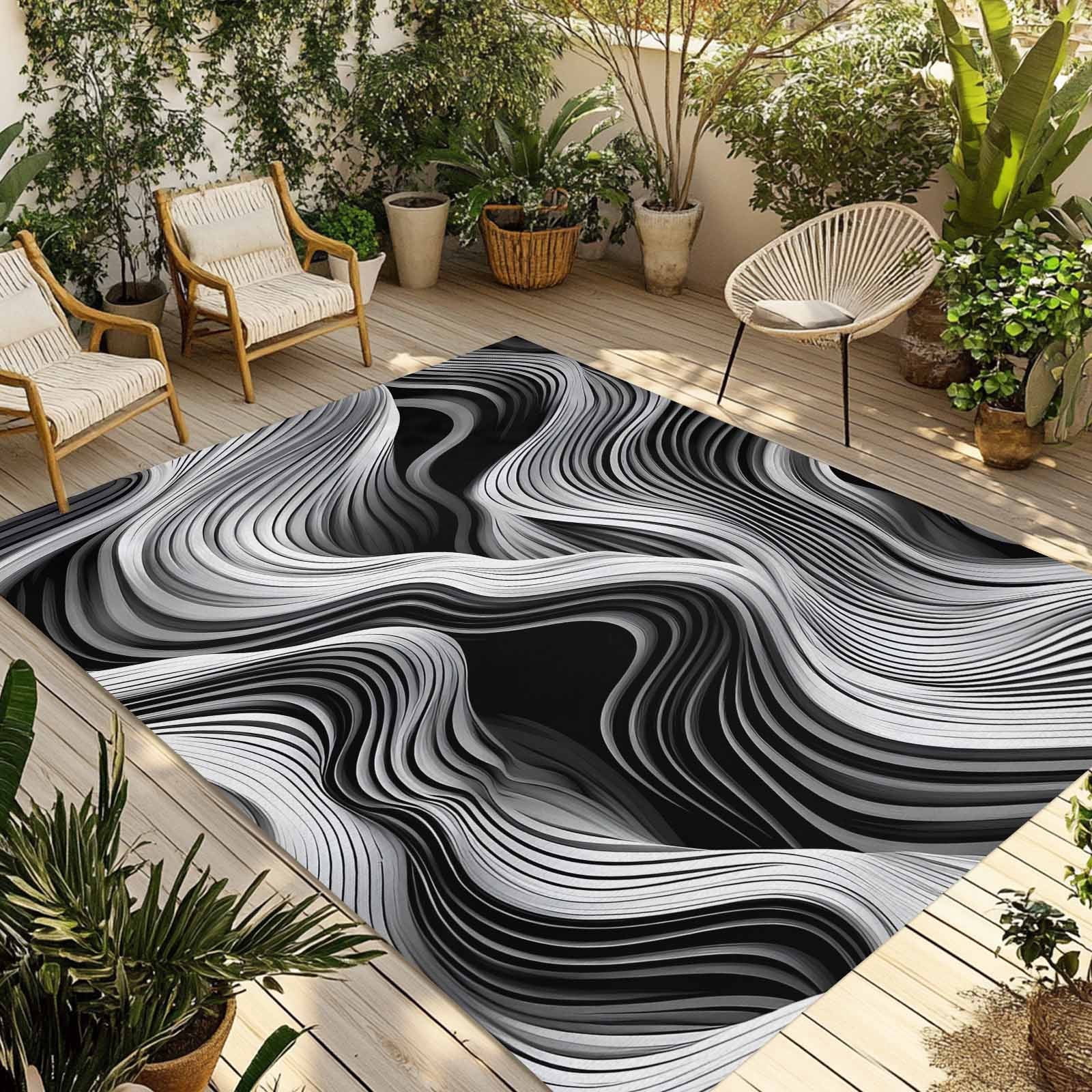Abstract Outdoor Rug, Modern Black and White Wave Lines Texture Non ...