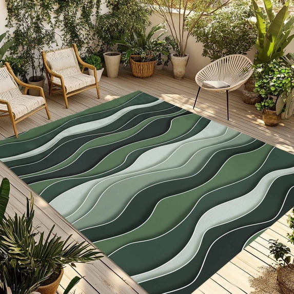 Abstract Outdoor Rug, Sage Green Gradient Waves Beach Lines Non-Slip ...