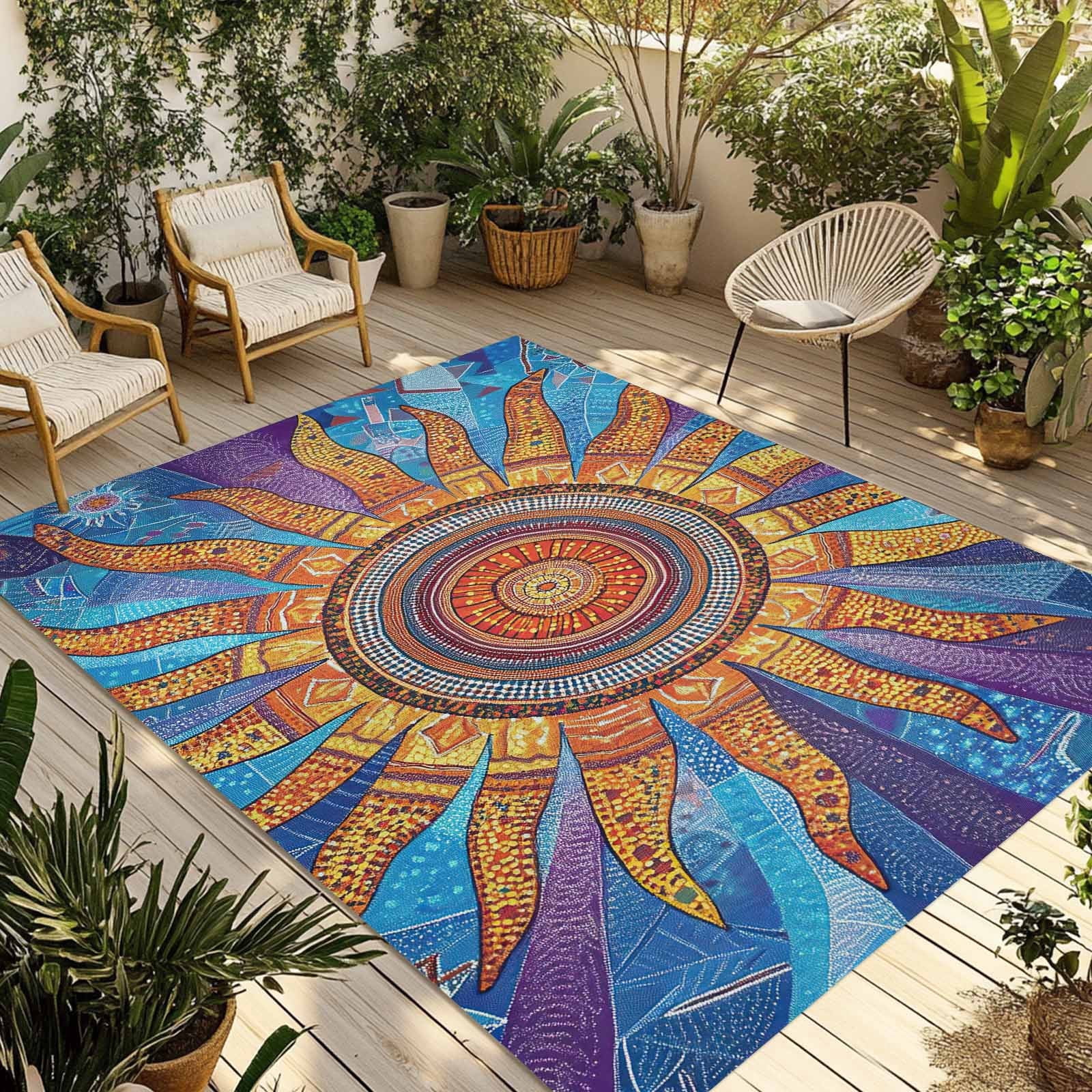 Abstract Outdoor Rug, Yellow Blue Sun Flame Texture Non-Slip Area Rugs ...