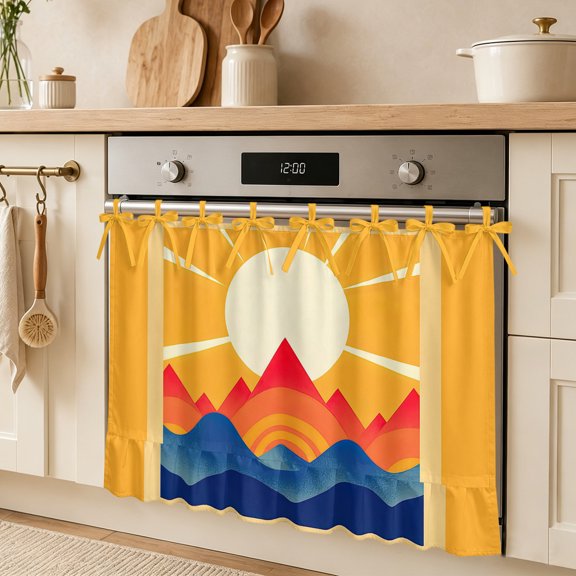Abstract Oven Skirt Curtain, Sun Mountains Gradient Peaks Rays Hand Drawn Tie Top Tier Curtains Stove Dishwasher Skirt Small Window Drapes for Kitchen Bathroom Cafe 27"x20"