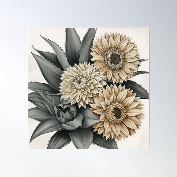 Abstract, Oversized Mexican Flowers And Leaves In Soft Monotone Palettes. Poster Wall Art, Modern Wall Decor For Living Room Bedroom, 17x17 UNFRAMED