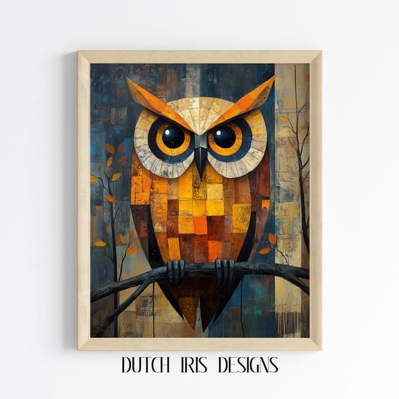 Abstract Owl On Branch In Cubist Style, Rustic Woodland Wall Art, Nature-Inspired, Modern Geometric Owl Decor, Art 619 Home Decor #1767, Unframed Poster Size 16x24