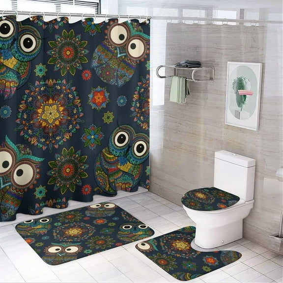 Abstract Owl Indian Mandala 4 Piece Shower Curtain Sets, Non-Slip Rugs, Toilet Lid Cover and Bath Mat, Durable and Waterproof, for Bathroom Decor Set One Size