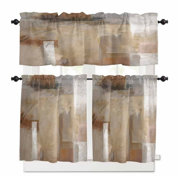 Abstract Paint Art Kitchen Curtains and Valances Set, Retro Brown Scratch Texture Rod Pocket Window Valance 18 Inch Window Curtain Panels for Living Room Bedroom Laundry, 27.5x24in, 3 Pieces