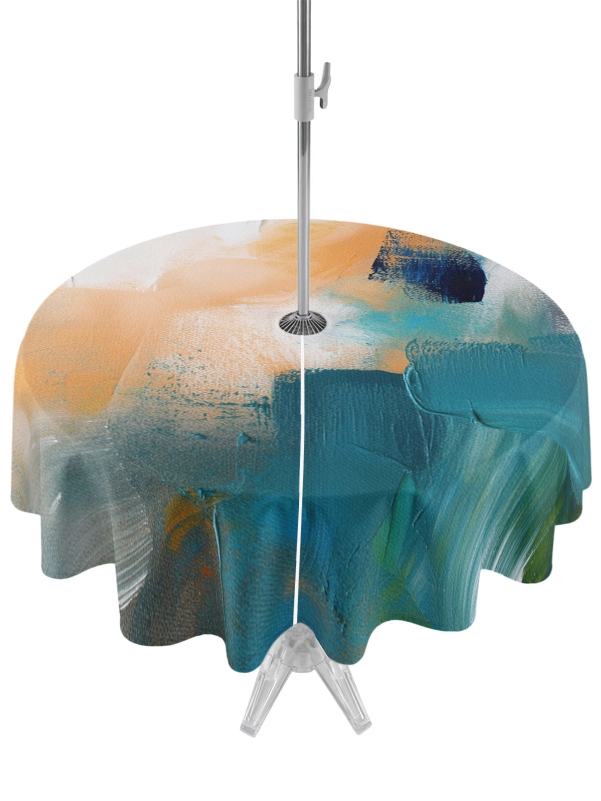 Abstract Paint Art Round Outdoor Tablecloth with Umbrella Hole Blue ...
