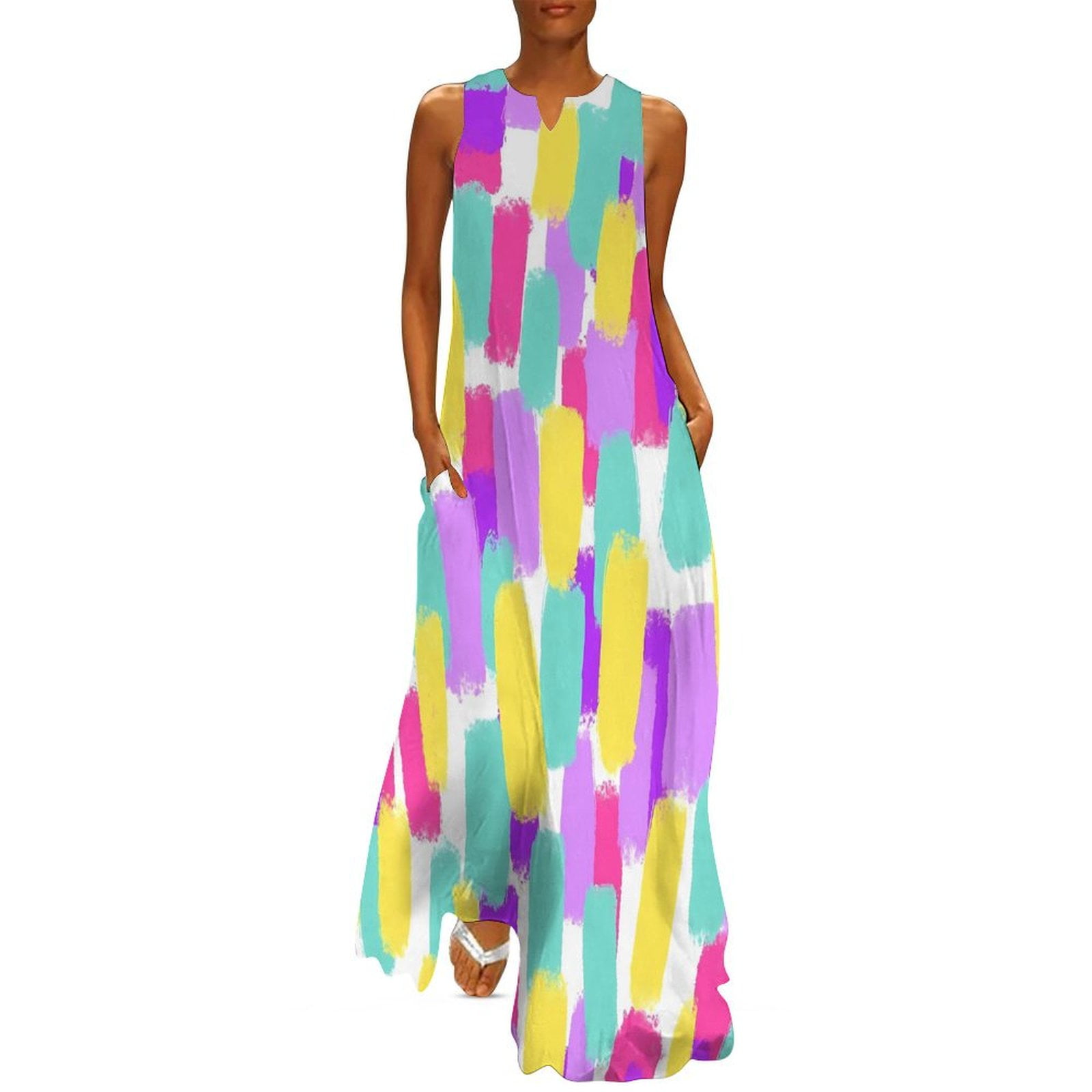 Abstract Paint Brush Dress Spring Red Blue Yellow Street Fashion Boho