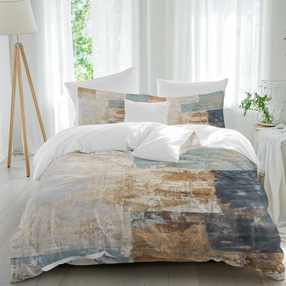Abstract Paint Effect Twin Duvet Cover Set, Blue Brown Watercolor Art 4 Piece Microfiber Bedding Set with Zipper Closure, Bed Sheet and 2 Pillow Shams, Soft Bedding Cover