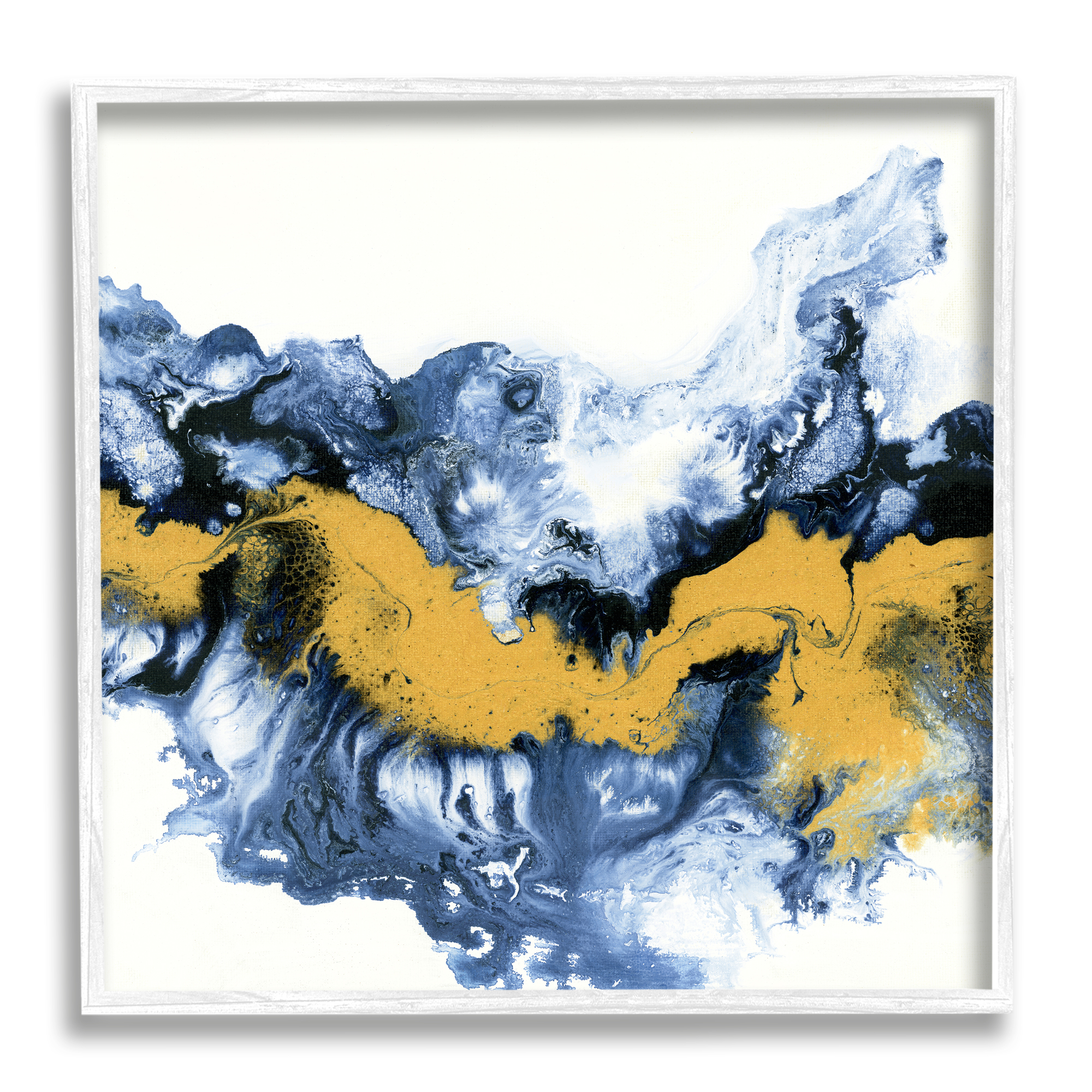Abstract Paint Infusion Fluid Blue Yellow Integration Abstract Framed Art Print Wall Art, 17x17