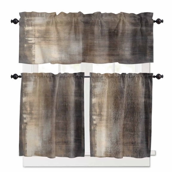 Abstract Paint Kitchen Curtains and Valances Set, Retro Brown Gradient Mottled Art Rod Pocket Window Valance 18 Inch Window Curtain Panels for Living Room Bedroom Laundry, 27.5x24in, 3 Pieces