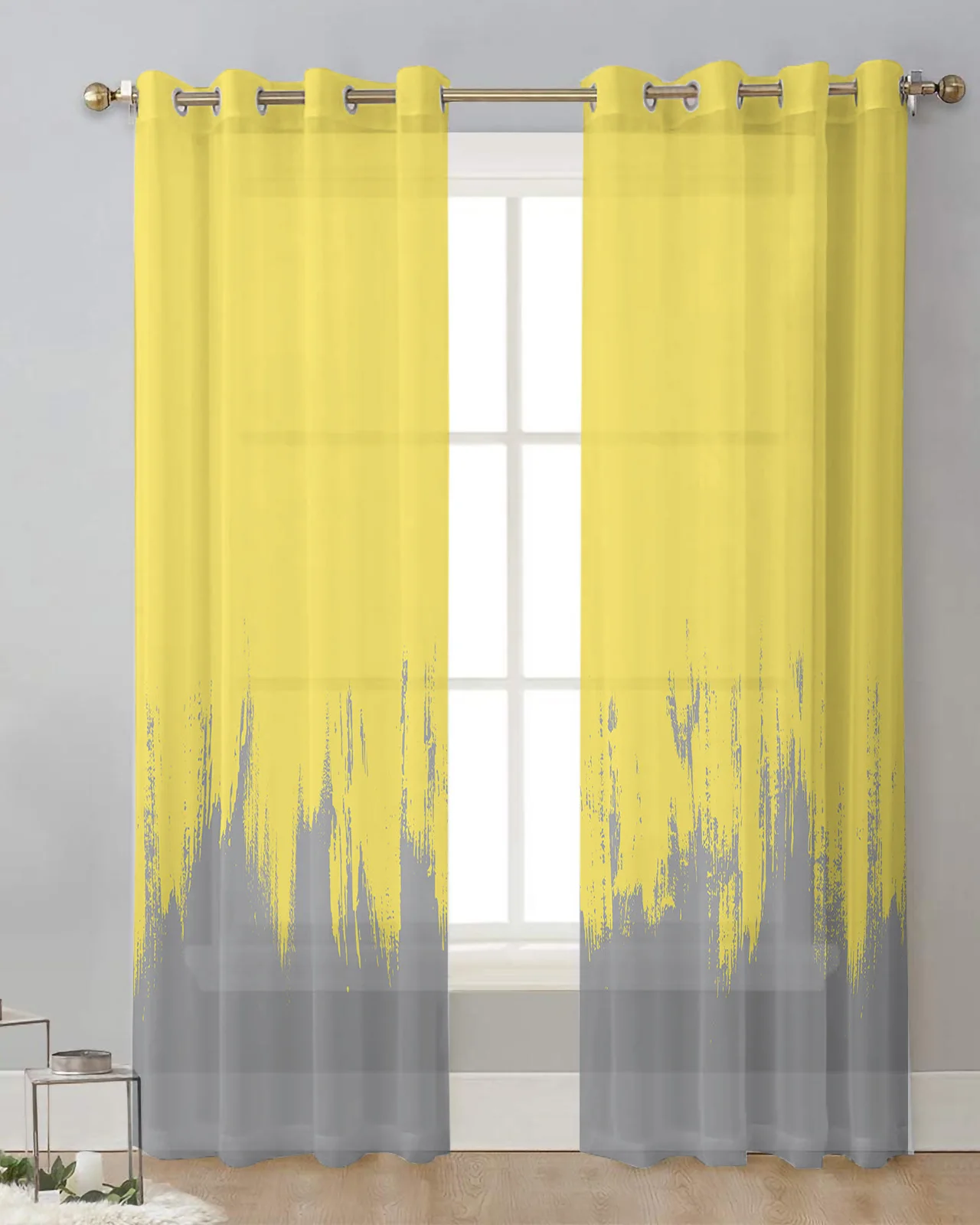 Abstract Paint Smear Yellow Gray Bedroom Voile Curtain Window Treatment