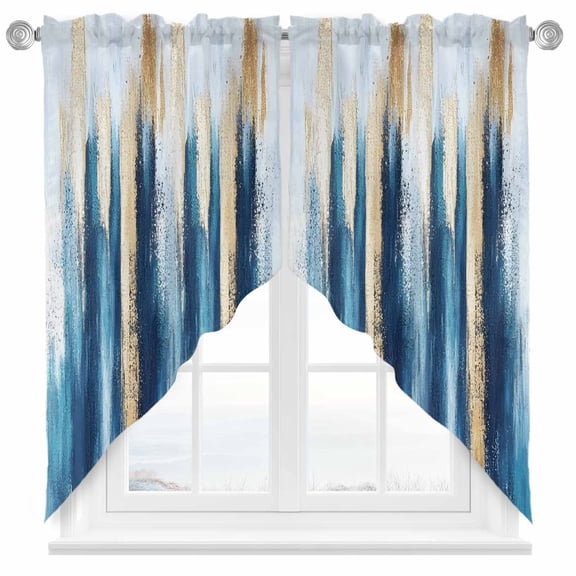 Abstract Paint Texture Swag Curtain Valance for Windows, Blue Gold Art Deco Window Treatments Short Swag Topper for Kitchen Windows Bathroom Bedroom, 36"x36"