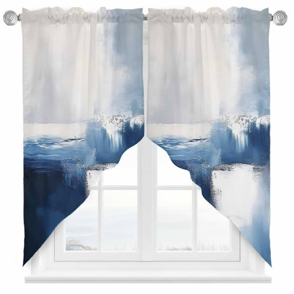 Abstract Paint Texture Swag Curtain Valance for Windows, White Blue Gray Stitching Window Treatments Short Swag Topper for Kitchen Windows Bathroom Bedroom, 36"x63"