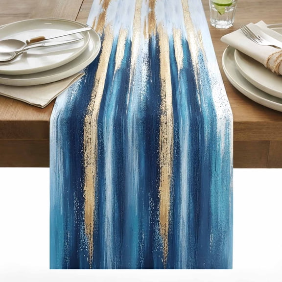 Abstract Paint Texture Table Runner 13x48 inch Blue Gold Art Deco Cotton Linen Dining Table Runner Ideal for Dresser Kitchen Coffee Tables - Machine Washable