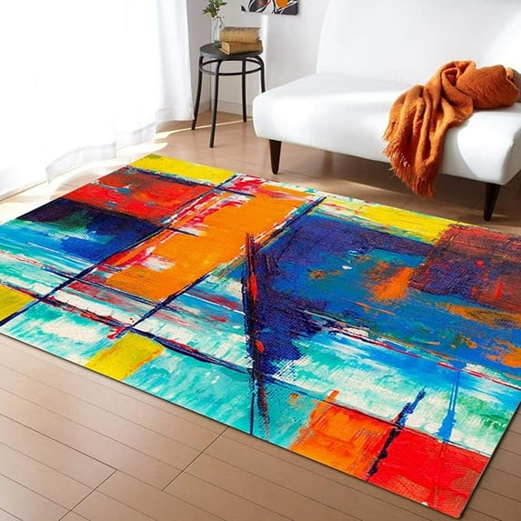 Abstract Painting Art Area Rug, Abstract Colored Block Geometric Pattern Decorative Rug, Easy Clean Carpet With Anti-Slip Backing For Bedroom Living Room Dining Room Office 4 x 6ft