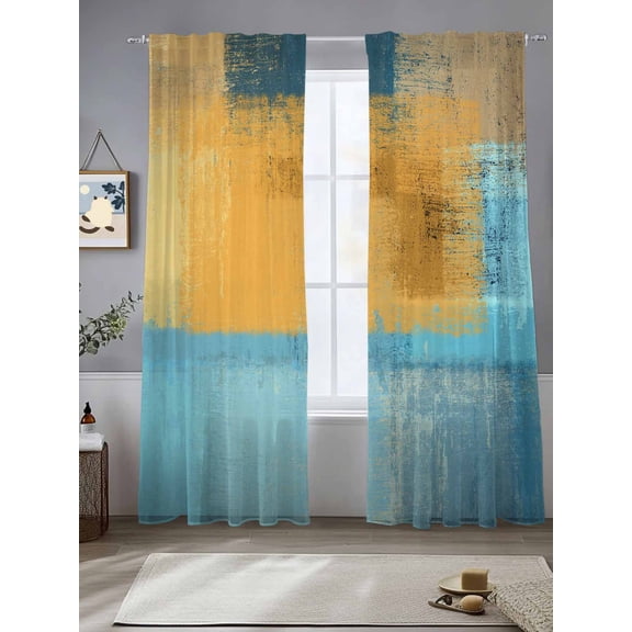 Abstract Painting Art Style Orange Blue Sheer Curtains 108 Inches Long 2 Panels Light Filtering Semi Sheer Window Curtains Drapes for Bedroom Living Room 52"x108" 2 Panels