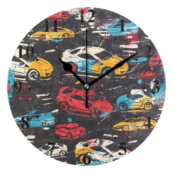 Abstract Painting Cars Black 10 inch Wall Clocks Non Ticking Easy to Read Battery Decorative for Home Bathroom Kitchen Bedroom Living Room
