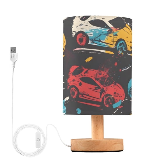 Abstract Painting Cars Table Lamp USB Bedside Desk Nightstand Lamp Printed Gifts Small Lamp Wood Base for Bedroom Living Room Kids Room College Dorm