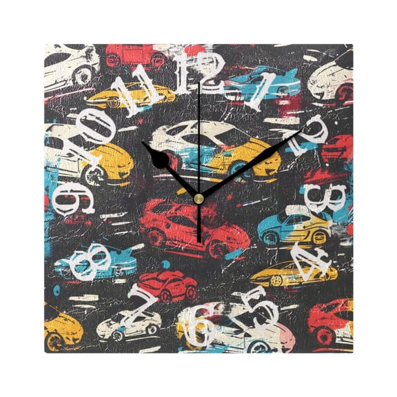 Abstract Painting Cars Wall Clock Square Silent Non Ticking Battery Operated Clock for Home Bathroom Kitchen Bedroom Living Room