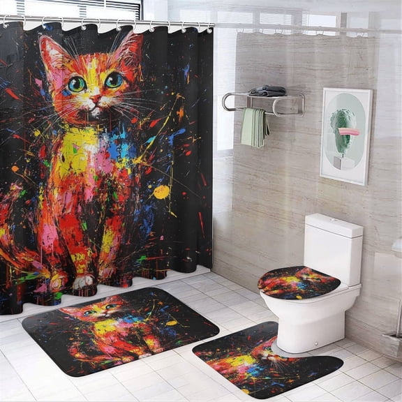 Abstract Painting of A Cute Cat 4 Piece Shower Curtain Sets Bath Mat U-Shaped Floor Mat Toilet Lid Oval Rug Cute Cats Waterproof Fabric Bath Curtains for Bathroom Decor Sets