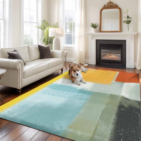 Abstract Painting Large Area Rugs 8x10 ft Art Style Orange Blue Yellow ...