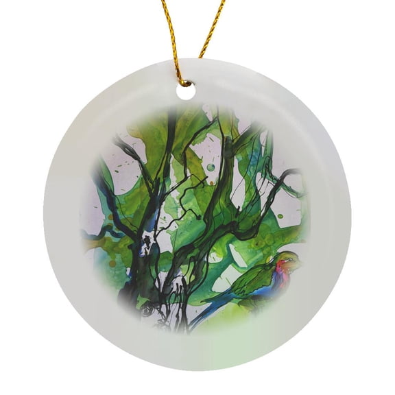 3drose, Abstract Painting of a Bird in a Tree, Colorful Bird in the Forest,, Circle Porcelain Ornament