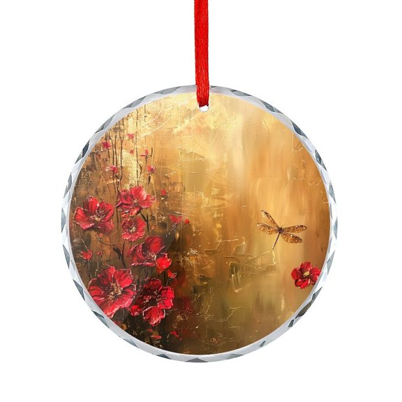 Abstract Painting Of Red Flowers And Dragonfly Christmas Ornament Dragonfly Wildflower Round Ornament Unique Gift Idea