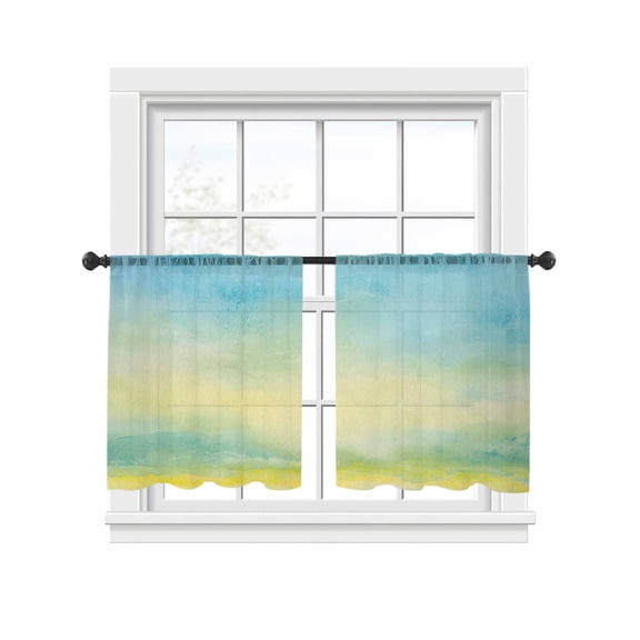 Abstract Painting Sheer Curtains for Living Room Bedroom, Light-filtering Sheer Curtain, Green Yellow Watercolor Light-Rod Pocket Voile Window Treatment Drapes, 52’’Wx45’’L, 2 Panels Set