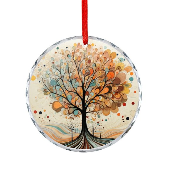 Abstract Painting Tree With Leaves Glass Christmas Ornament Unique Home Decor Rustic Autumn Round Glass Hanging Ornament