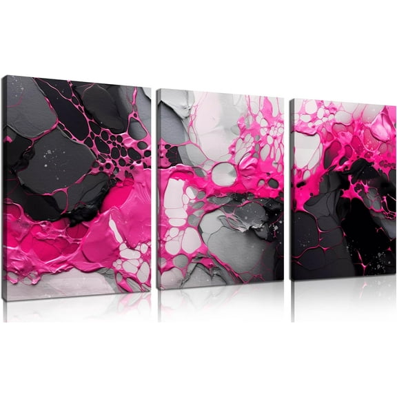 Abstract Painting for Living Room - Black and Pink Wall Art for Office Women - 3 Piece Pictures Wall Art Size 16" x 24"