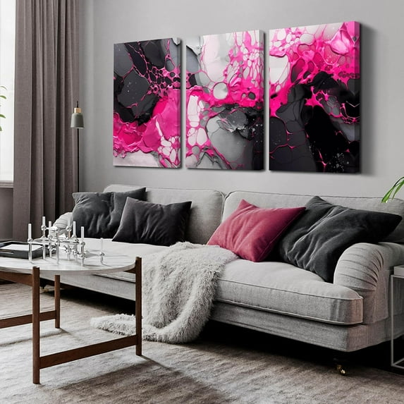 Abstract Painting for Living Room - Black and Pink Wall Art for Office Women - 3 Piece Pictures Wall Art Size 16" x 24"
