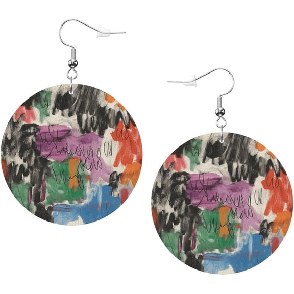 Abstract Paintings Earrings Pro for Women PU Leather Dangle Earrings, Lightweight Round Shape Leather Teardrop Dangly Ear Pendants Jewelry Gift[y565]