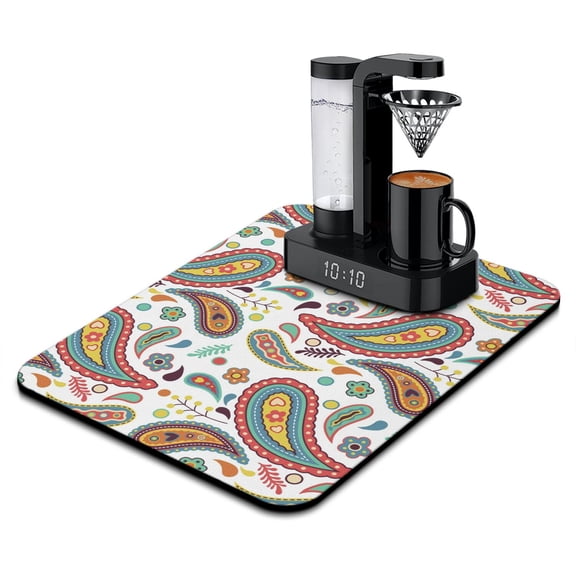 Abstract Paisley Art Dish Drying Mat, Bohemian Ethnic Absorbent Coffee Bar Mat, Decorative Floral Kitchen Counter Protector