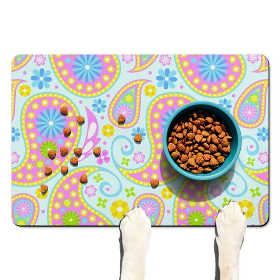 Abstract Paisley Art Dog Feeding Mat - Waterproof Pet Placemat, Non-Slip Rubber Base, Boho Vintage Design