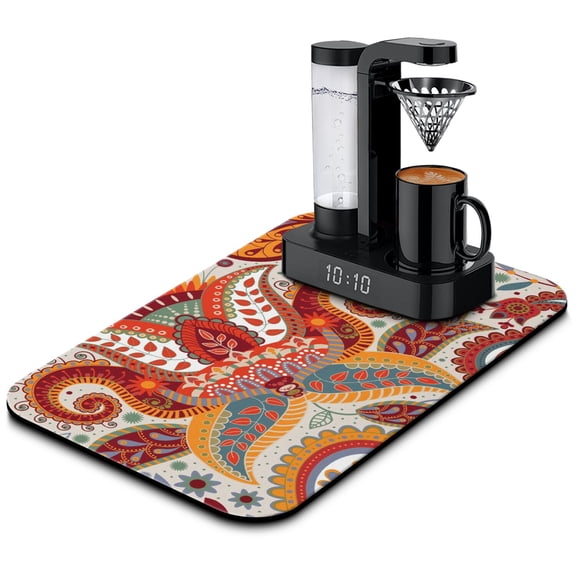 Abstract Paisley Coffee Drying Mat Decorative 4-Layer Mat with Mandala Inspired Design Protects Countertops from Heat & Moisture