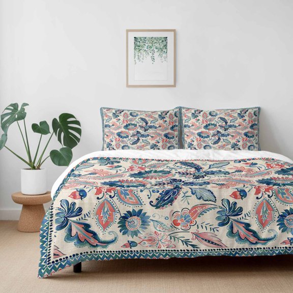 Abstract Paisley Flower Leaves Texture California King Size Bed Set,Seamless Retro Floral Bedding for All Seasons,4 Pcs Bed Set with 1 Quiltcover (96"x104"),1 Sheet (110"x98"),2 Pillowcases (20"x36")