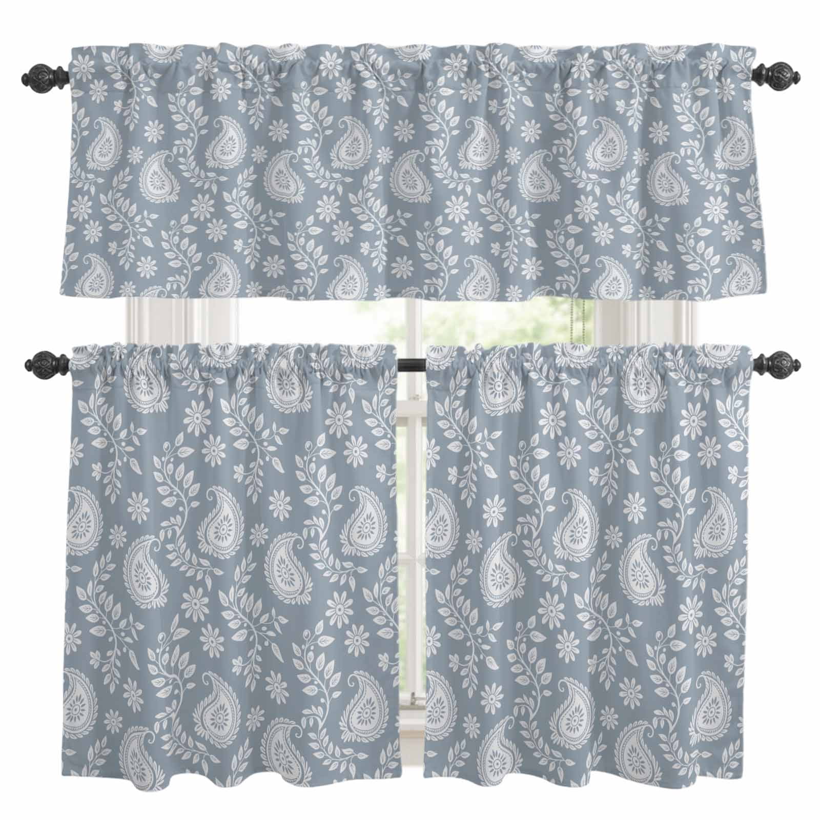 Abstract Paisley Kitchen Curtains and Valances Set, Floral Leaves Blue ...