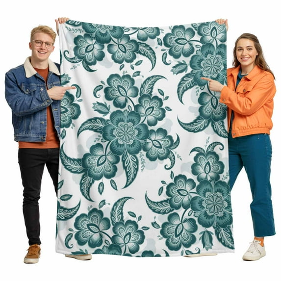 Abstract Paisley Pattern Flannel Blanket for Bed,Travel and Camping, Retro Green Ethnic Flower Tribal Super Soft Cozy Blanket for All Seasons 32"x48"