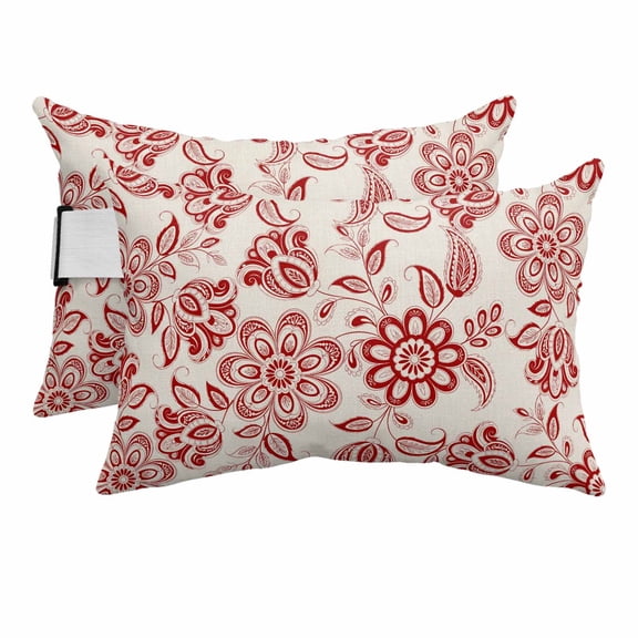 Abstract Paisley Pattern Outdoor Chaise Lounge Pillows Retro Ethnic Red Flower Lumbar Pillows with Insert Adjustable Elastic Strap Headrest Pillow for Recliner Patio Chair 2 Pack 11x16 Inch