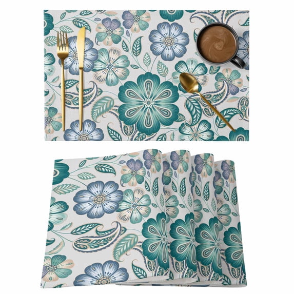 Abstract Paisley Pattern Placemats Set of 12, Vintage Green Ethnic Flower Non-Slip Place Mats Washable Table Mats for Kitchen Dining Table Decorations Indoor/Outdoor