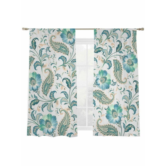 Abstract Paisley Pattern Sheer Curtains 72 Inch Long 2 Panels, Retro Green Ethnic Flower Light Filtering Rod Pocket Semi Sheer Curtains, Sheer Voile Drapes for Living Room Bedroom, 52"x72"