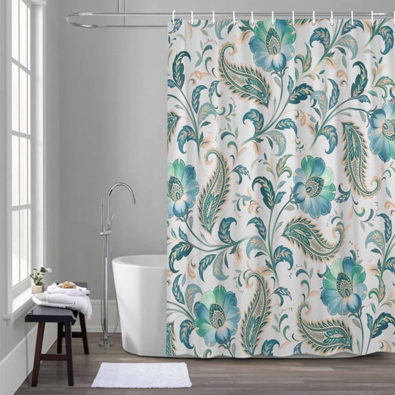 Abstract Paisley Pattern Shower Curtain for Bathroom Decor, Retro Green Ethnic Flower Waterproof Fabric Shower Curtain, 36"x72" Set with 12 Hooks