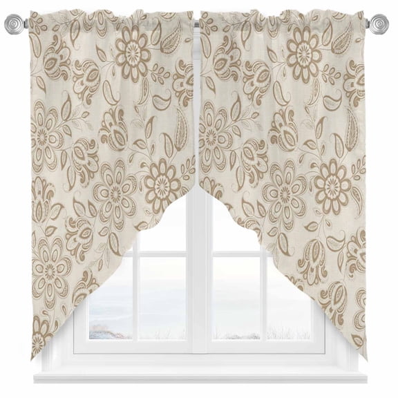 Abstract Paisley Pattern Swag Kitchen Curtain Valances, Vintage Ethnic Brown Flower Rod Pocket Curtains Window Treatment Decor Valances for Bedroom Bathroom, 2 Panels 36 x 36 Inch