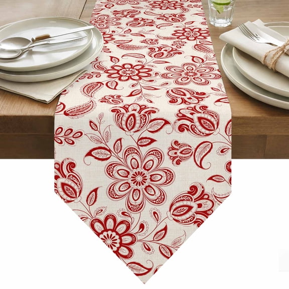 Abstract Paisley Pattern Table Runner 120 Inches Long Retro Ethnic Red Flower Table Runners for Dining Room Tabletop Dresser Scarf Home Party Banquet Wedding Holiday Decoration