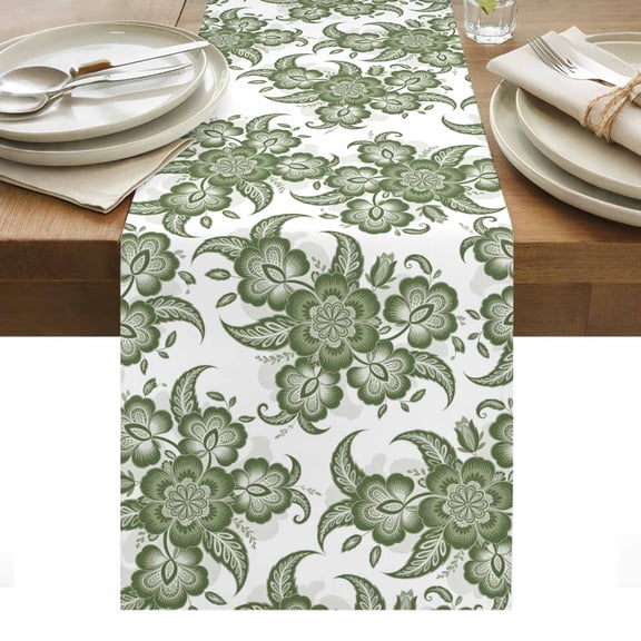 Abstract Paisley Pattern Table Runner 13 x 48 Inch, Retro Green Ethnic Flowers Tribal Washable Cotton Linen Dining Table Runner Tabletop Decorations for Restaurant Home Kitchen Party