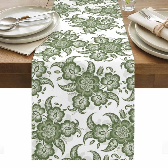 Abstract Paisley Pattern Table Runner 13 x 70 Inch, Retro Green Ethnic Flowers Tribal Washable Cotton Linen Dining Table Runner Tabletop Decorations for Restaurant Home Kitchen Party