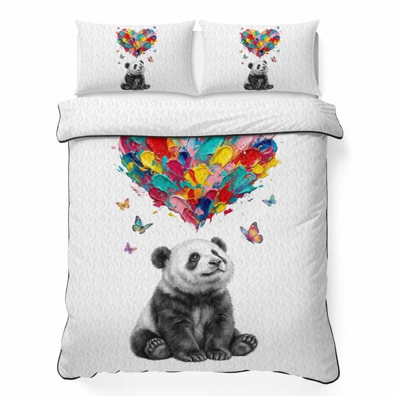 Abstract Panda 3 Piece Quilt Bedding Set with 2 Pillow Shams, Colored Heart Paint Red Blue Yellow Pink Butterfly Lightweight Bedspread Coverlet, Soft Breathable All Season Quilt, 68 x 86 Inch
