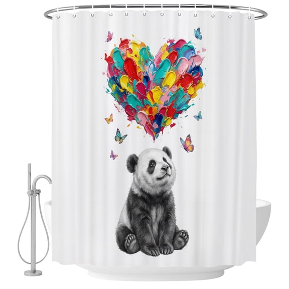Abstract Panda Shower Curtain for Bathroom, Colored Heart Paint Red Blue Yellow Pink Butterfly Waterproof Cloth Fabric Bathroom Accessories Set with 12 Rust Proof Plastic Hooks, 72"x84"
