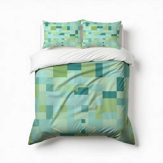 Abstract Pastel Green Square Pattern Bedding Set 3 Pcs Soft Microfiber Quilt Cover For Bedroom Decor, Comforter Cover With 2 Pillowcase